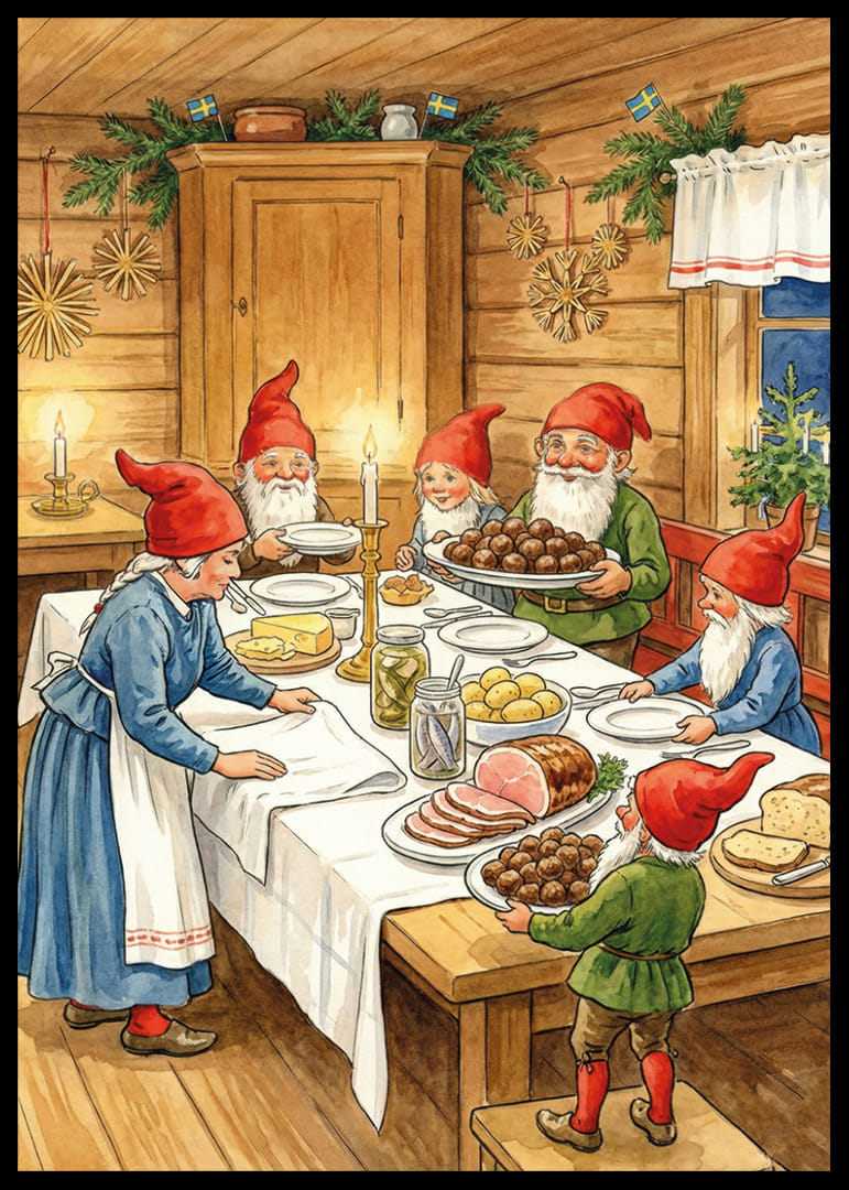 Tomtar samlas kring ett festligt bord för julfirande-12