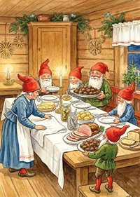 Elves gather around a festive table for Christmas celebration-7