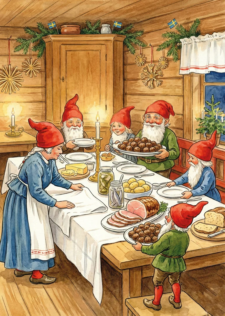 Elves gather around a festive table for Christmas celebration-12