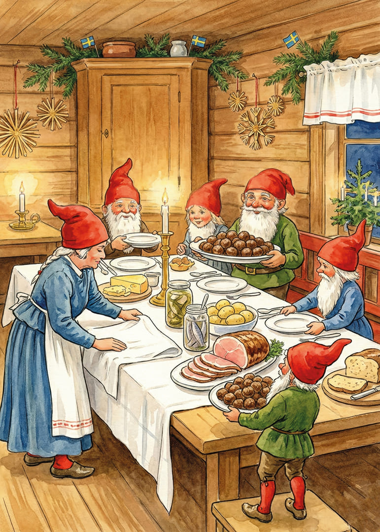 Tomtar samlas kring ett festligt bord för julfirande-12