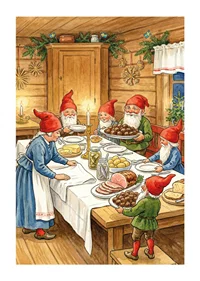 Elves gather around a festive table for Christmas celebration-1