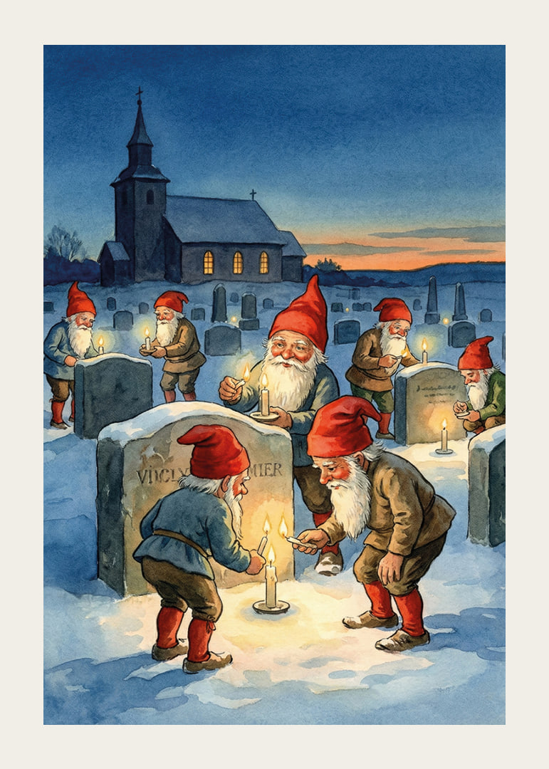Gnomes light candles at gravestones in the winter darkness-12
