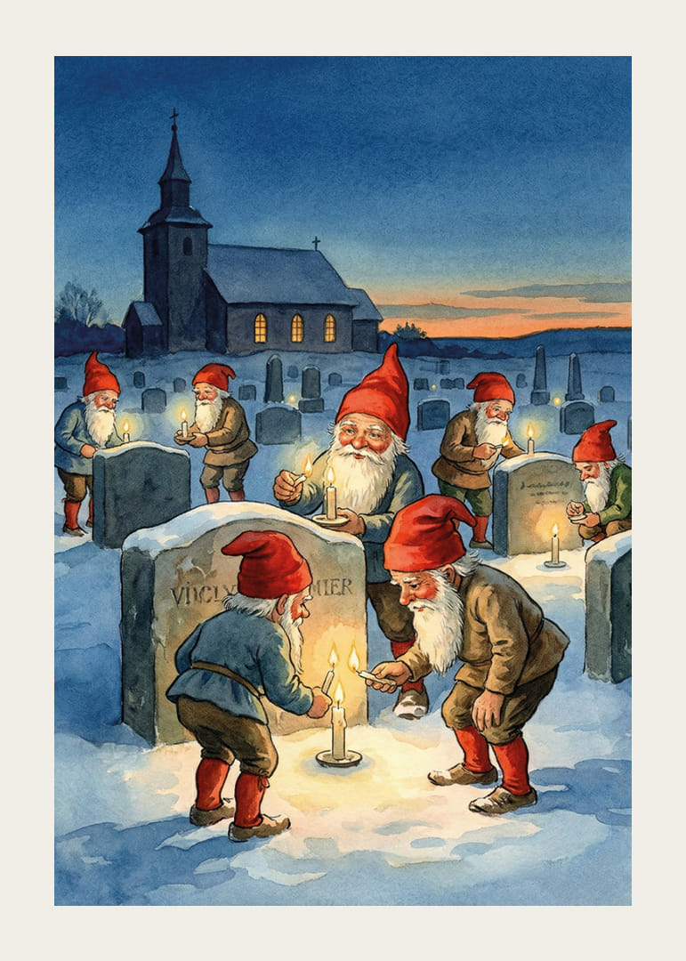 Dans l'obscurité hivernale, des gnomes allument des bougies sur les tombes.-12