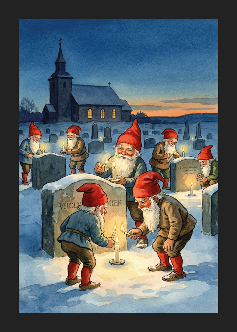 Gnomes light candles at gravestones in the winter darkness-12