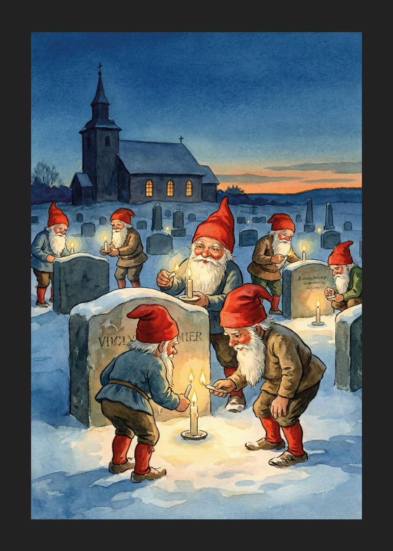 Dans l'obscurité hivernale, des gnomes allument des bougies sur les tombes.-12
