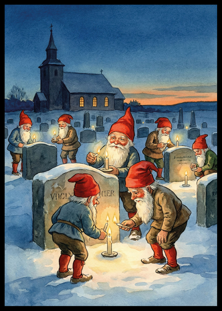 Gnomes light candles at gravestones in the winter darkness-12