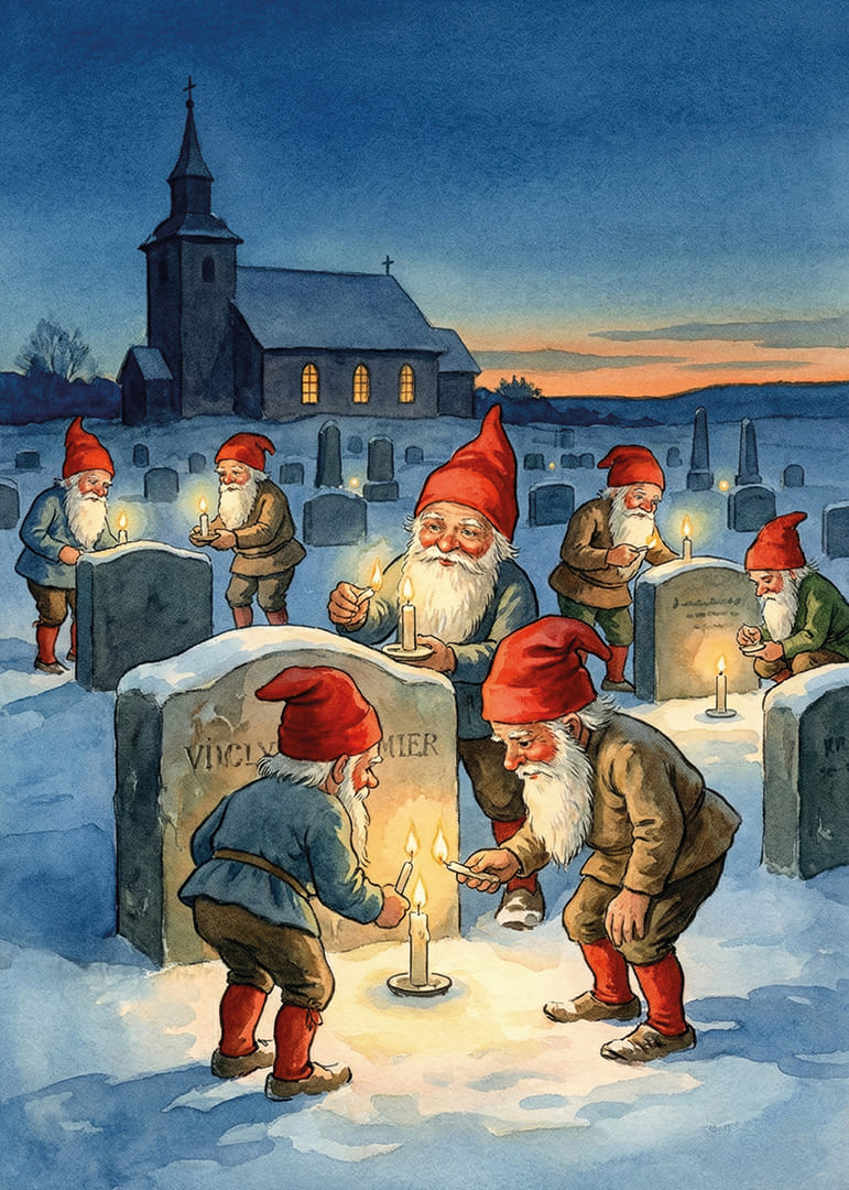 Kabouters steken kaarsen aan bij grafstenen in de winterduisternis-12