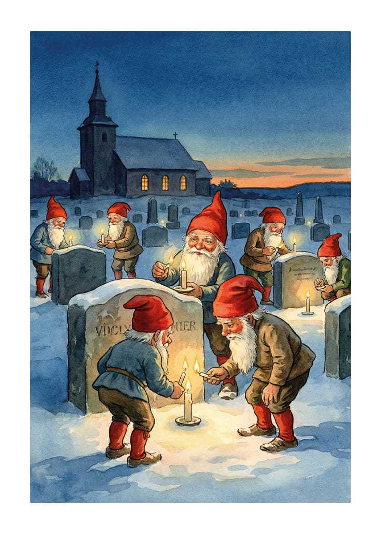 Kabouters steken kaarsen aan bij grafstenen in de winterduisternis-12