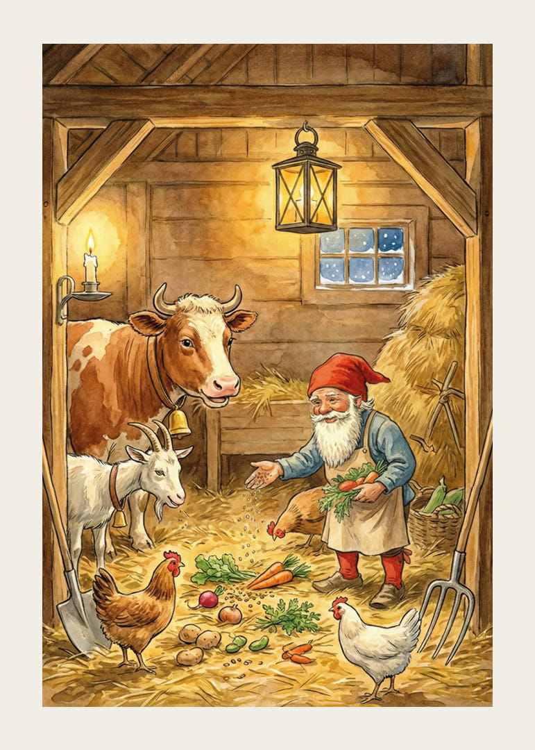 Der Weihnachtsmann teilt die Ernte mit den Tieren in einer gemütlichen Scheune.-12