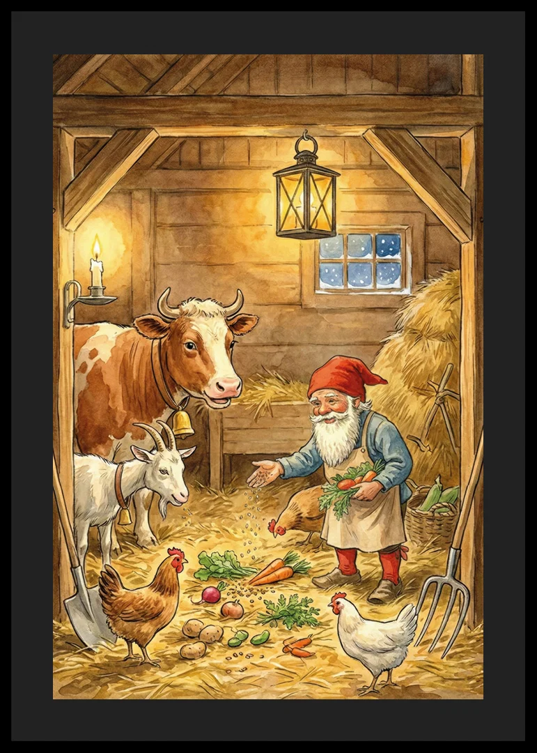 Santa shares the harvest with the animals in a cozy barn-12