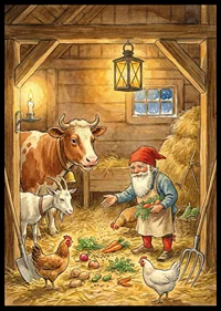 Santa shares the harvest with the animals in a cozy barn-6