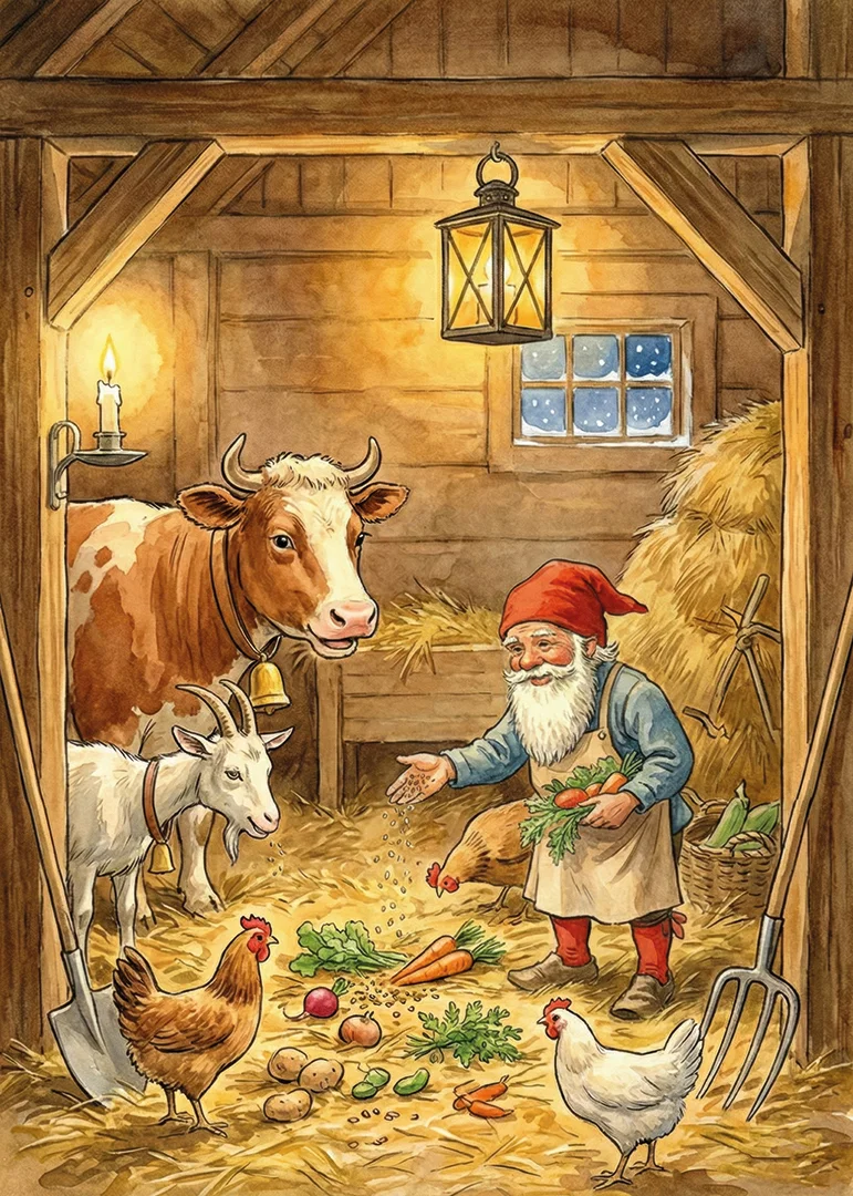 Santa shares the harvest with the animals in a cozy barn-12