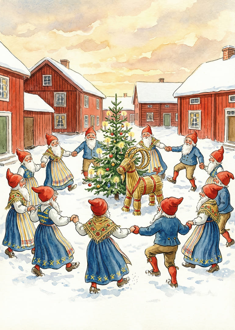 Julstämning med tomtar som dansar runt granen-12