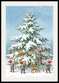 Elves decorate a snow-covered fir tree in wintry joy-2