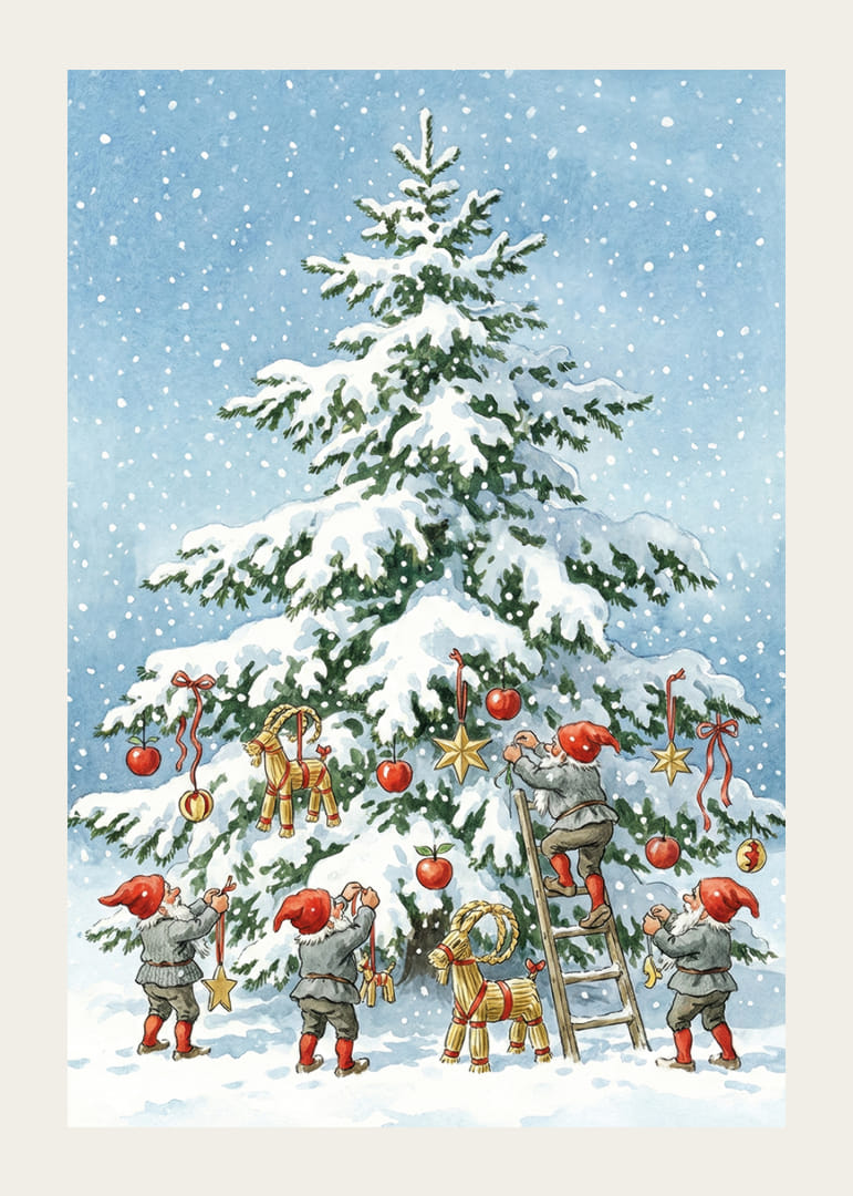 Elfen versieren een met sneeuw bedekte spar in winterse vreugde-12