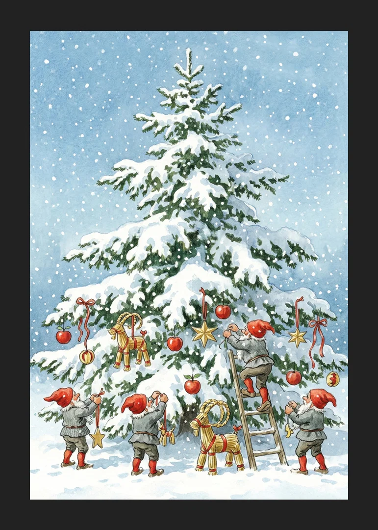 Elves decorate a snow-covered fir tree in wintry joy-12