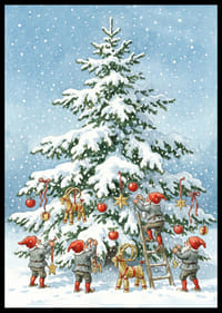 Tomtar pryder en snötäckt gran i vintrig glädje-2