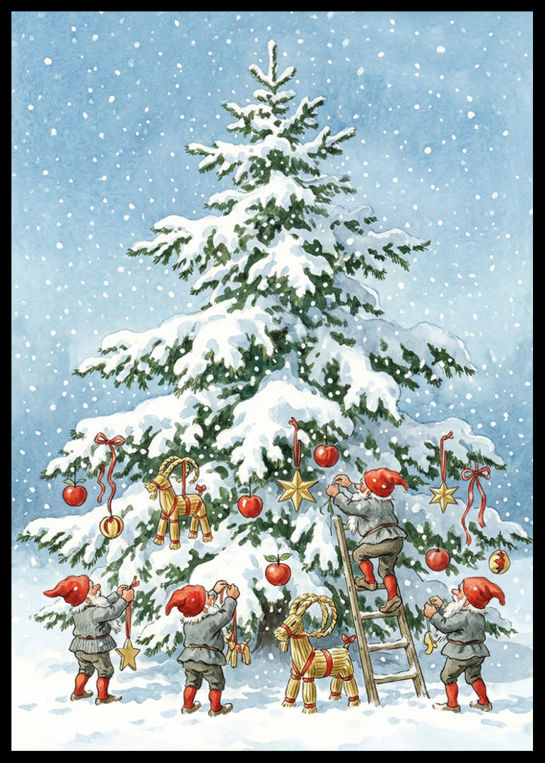 Tomtar pryder en snötäckt gran i vintrig glädje-12