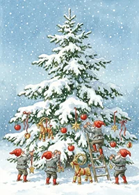 Elves decorate a snow-covered fir tree in wintry joy-7