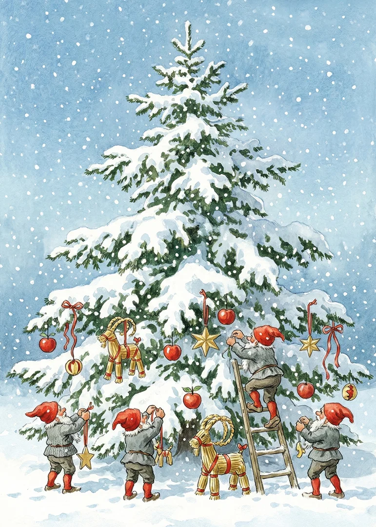 Elves decorate a snow-covered fir tree in wintry joy-12