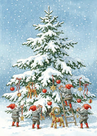 Tomtar pryder en snötäckt gran i vintrig glädje-3