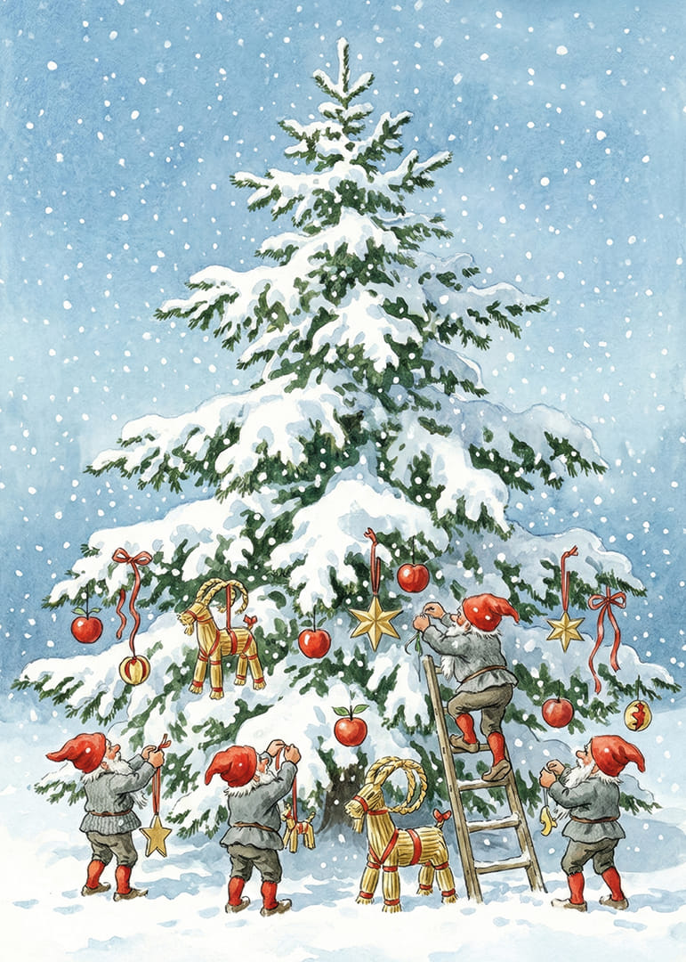 Tomtar pryder en snötäckt gran i vintrig glädje-12