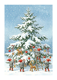 Elfi ziemas priekā rotā sniegotu egli-1