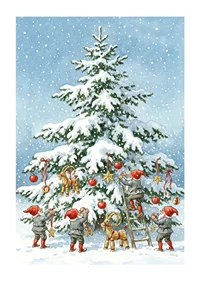 Elves decorate a snow-covered fir tree in wintry joy-1