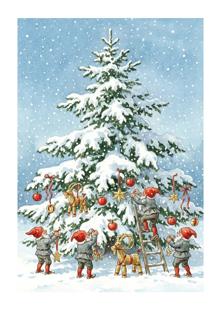 Elves decorate a snow-covered fir tree in wintry joy-12
