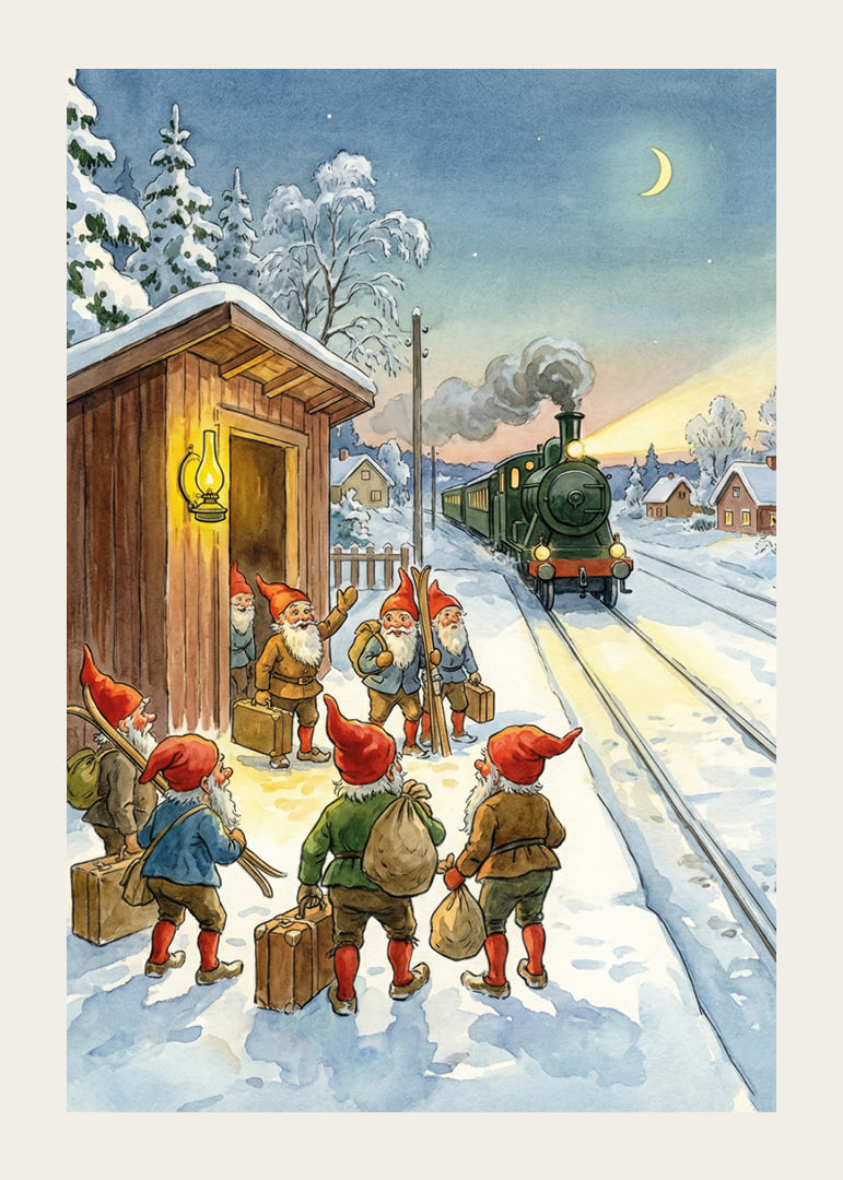 Snöklädd tågstation med tomtar och lyktan som lyser-12