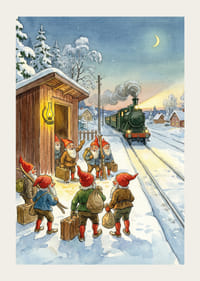 Besneeuwd treinstation met elfjes en de lantaarn die oplicht-3