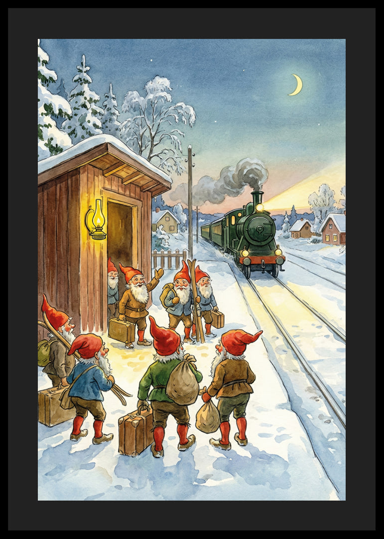 Snöklädd tågstation med tomtar och lyktan som lyser-12