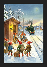 Snöklädd tågstation med tomtar och lyktan som lyser-5