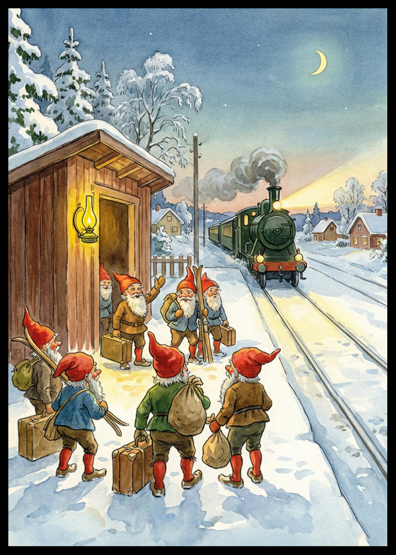 Snöklädd tågstation med tomtar och lyktan som lyser-12