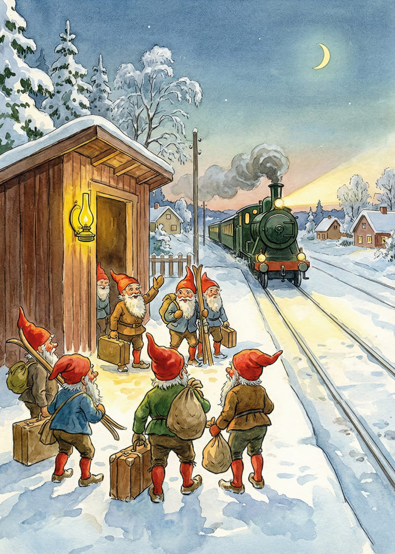 Besneeuwd treinstation met elfjes en de lantaarn die oplicht-12