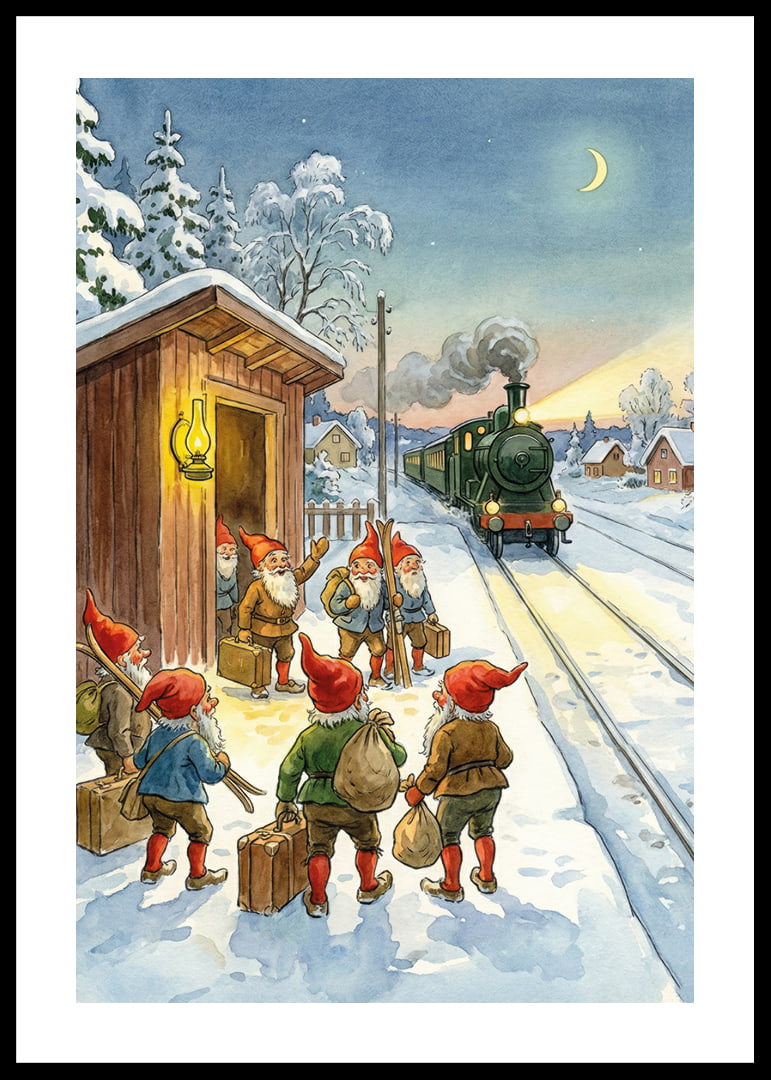 Snöklädd tågstation med tomtar och lyktan som lyser-12