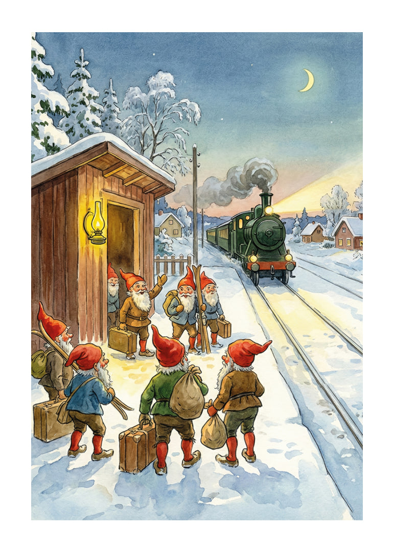 Snöklädd tågstation med tomtar och lyktan som lyser-12