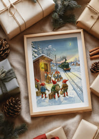 Besneeuwd treinstation met elfjes en de lantaarn die oplicht-4