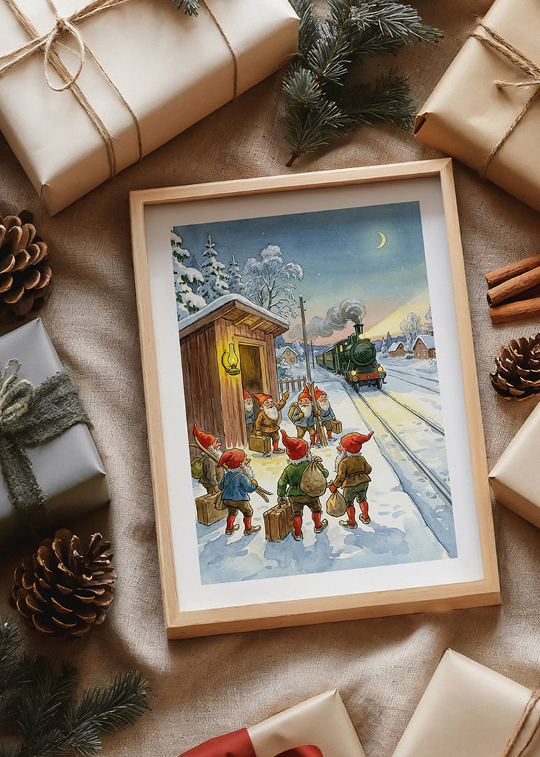 Besneeuwd treinstation met elfjes en de lantaarn die oplicht-12