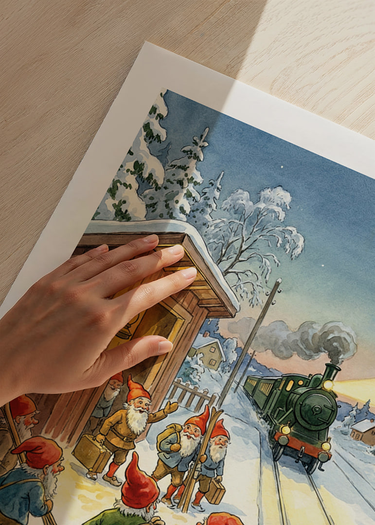 Snöklädd tågstation med tomtar och lyktan som lyser-12
