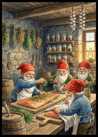 Neljä tonttua valmistaa ruokaa viehättävässä mökissä-2