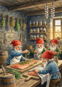 Neljä tonttua valmistaa ruokaa viehättävässä mökissä-3