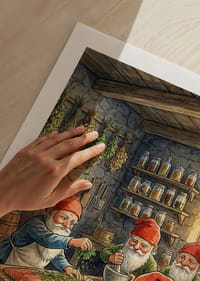 Neljä tonttua valmistaa ruokaa viehättävässä mökissä-5