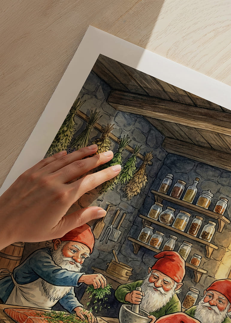 Neljä tonttua valmistaa ruokaa viehättävässä mökissä-12