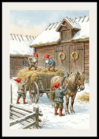 Red elves working at the barn in the winter snow-2