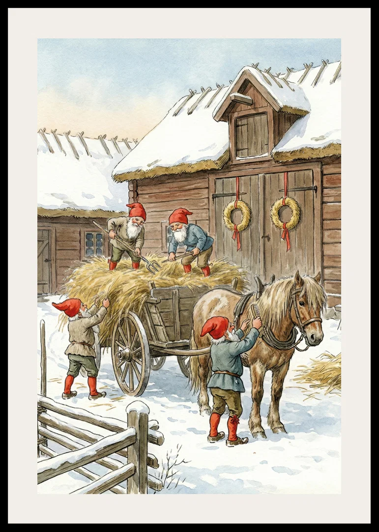 Red elves working at the barn in the winter snow-12