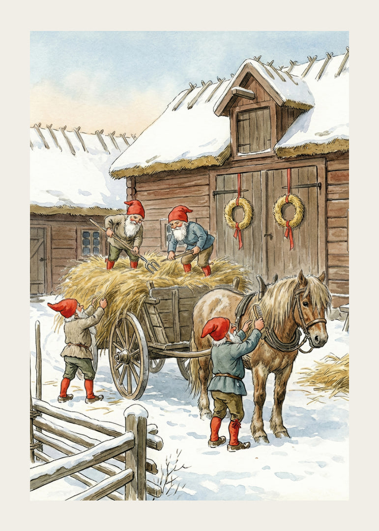 Des elfes rouges travaillant à la grange dans la neige hivernale-12