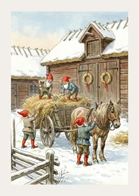 Red elves working at the barn in the winter snow-3