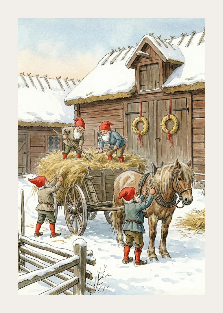 Red elves working at the barn in the winter snow-12