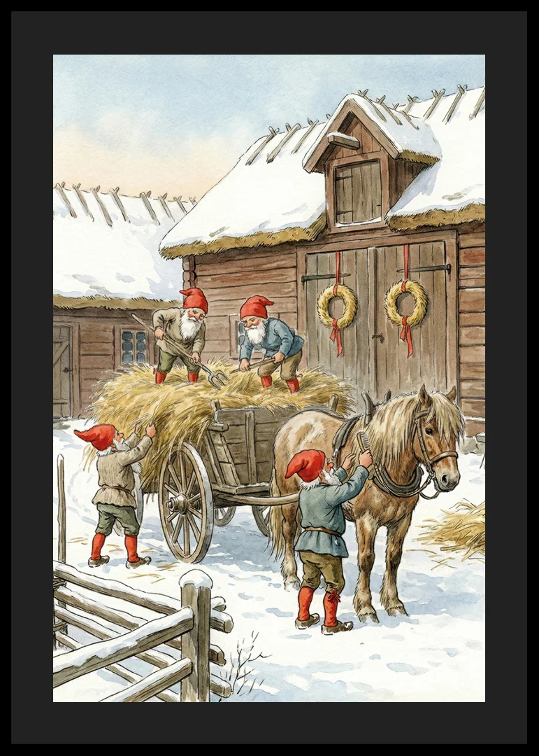 Red elves working at the barn in the winter snow-12